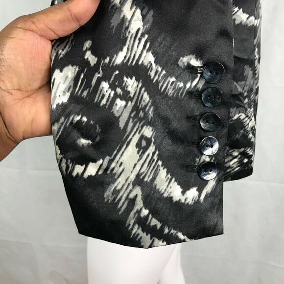 Chicos Blazer Jacket‎ Womens Sz 2 12 Large Black Pattern Tafetta Silk Cotton - Picture 6 of 11